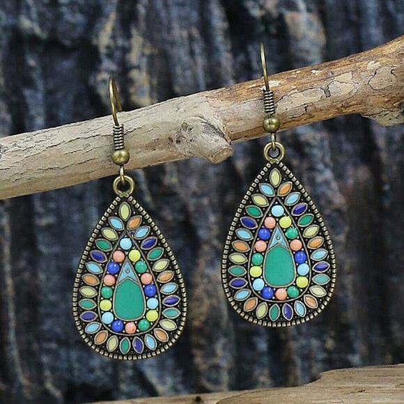 Blue Retro Color Block Alloy Turquoise Hook Geometric Drop Earrings Boho Ethnic - Picture 5 of 5